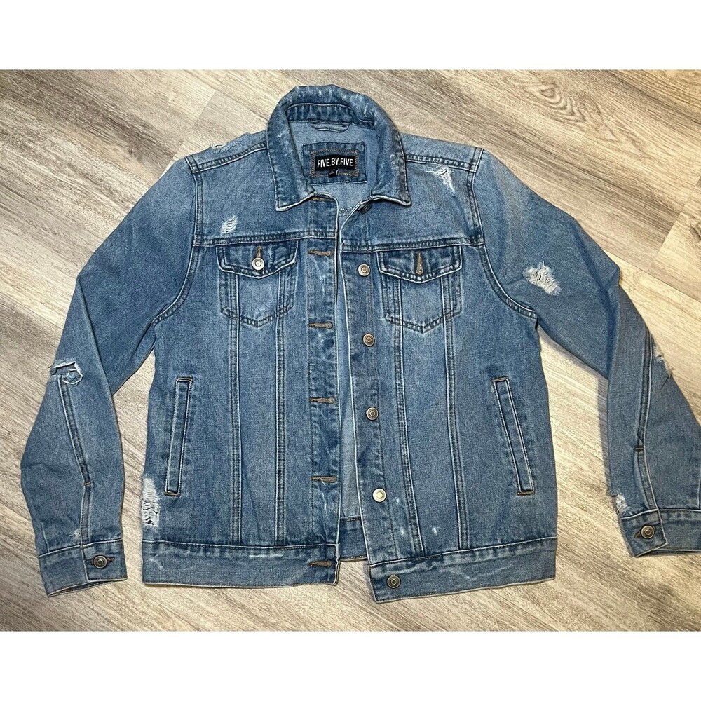 Jean jacket Denim Trucker Jacket Painted‎ Graffiti Five By Five Distressed small